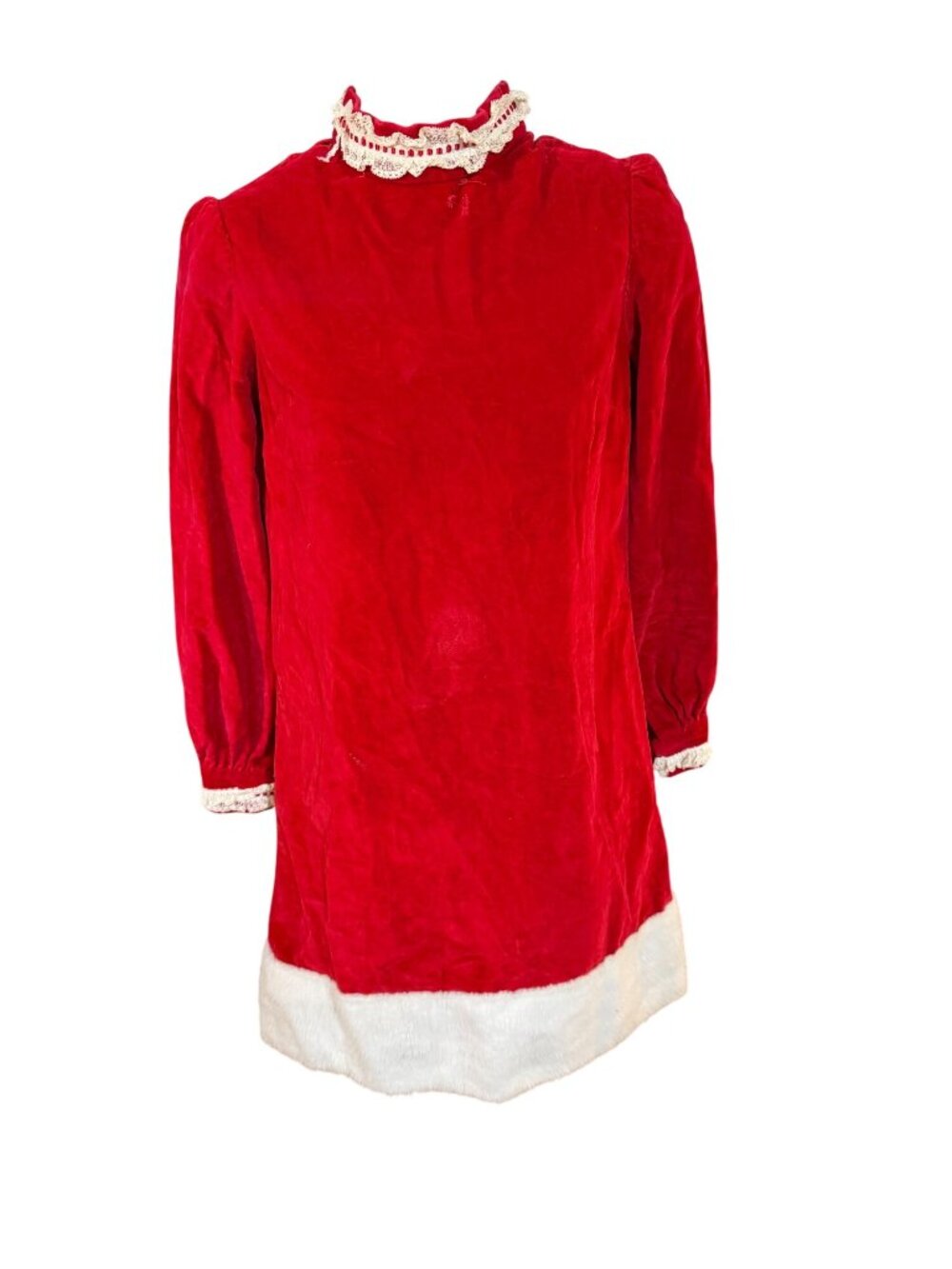 Vintage Mrs. Clause Red Velvet Dress With White Fur Trim & Lace Collar